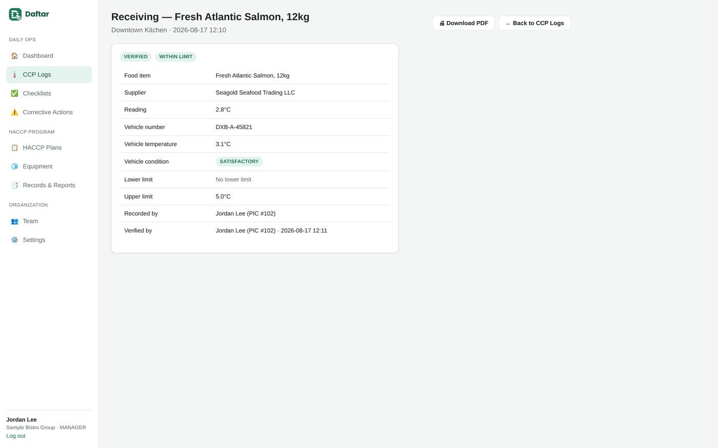 Daftar Receiving log detail screen