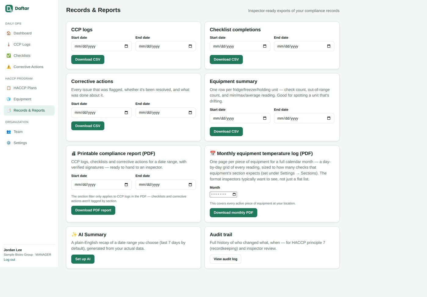 Daftar Records and Reports screen with export options